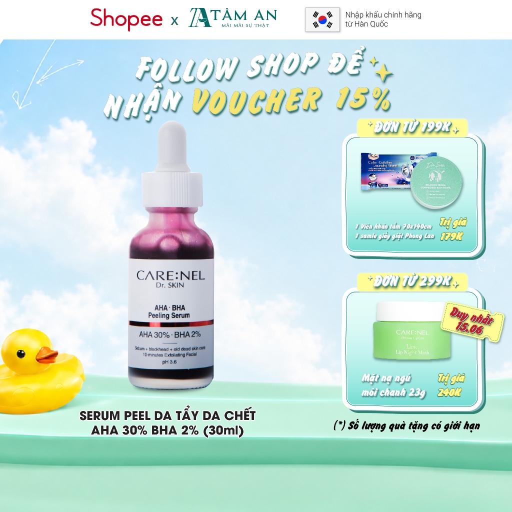 Serum tẩy tế bào chết mặt peel da aha bha giảm mụn CARE:NEL AHA BHA PEELING SERUM 30ml