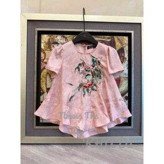 Sét áo lụa tơ tầm thêu “Song điểu hoa chi” đính cườm cộc tay + quần xuông lụa
