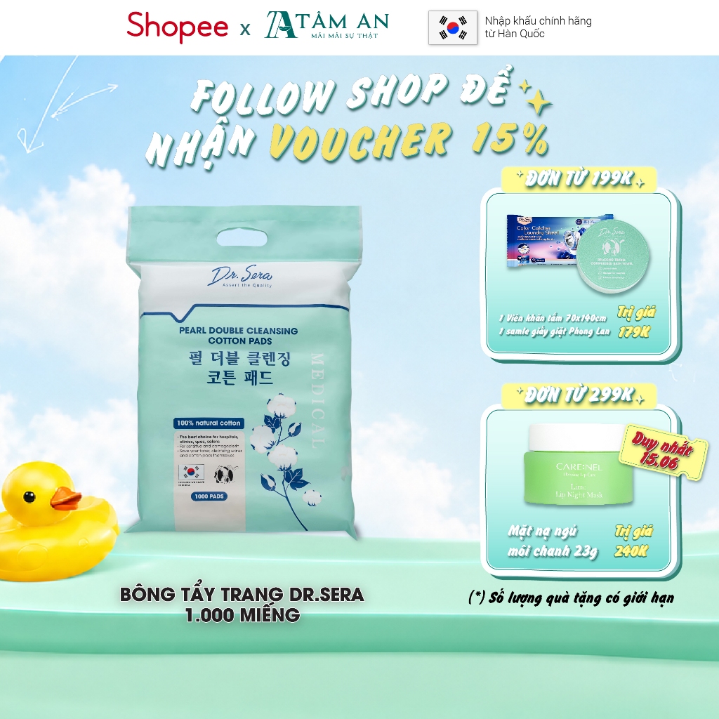1000 miếng Bông tẩy trang dạng vuông cotton tiệt trùng UV lành tính cho da DR.SERA PURE SNOW COTTON PAD
