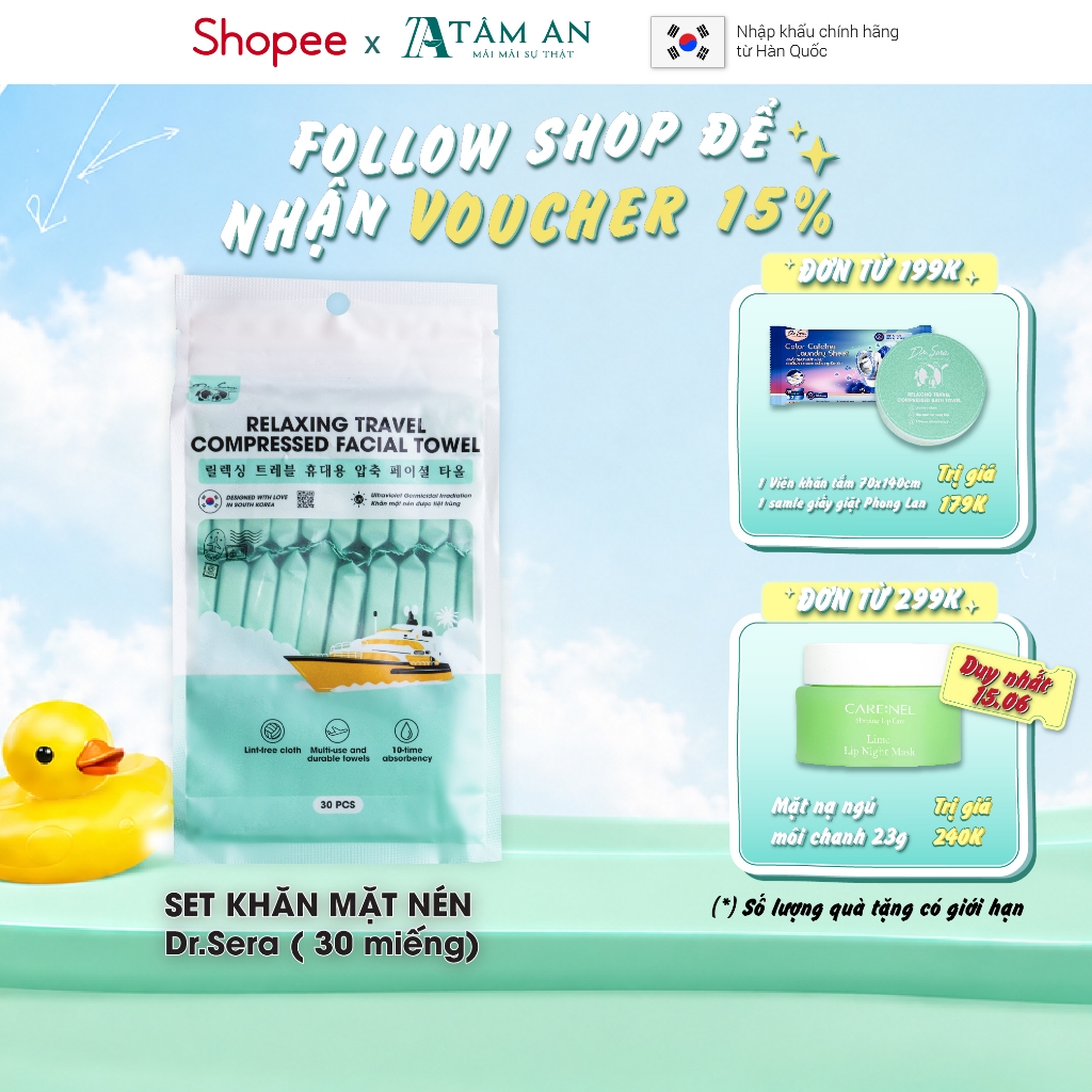 30 viên Khăn nén du lịch cotton tiệt trùng UV an toàn cho da, không mùi khét DR.SERA 24*30cm