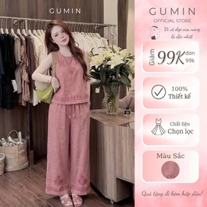 Set bộ đũi hồng thêu hoa GUMIN thiết kế áo sát nách họa tiết thêu sang chảnh, Set đồ nữ vintage thanh lịch