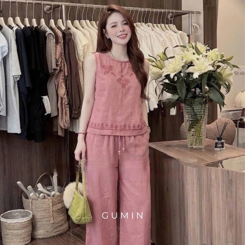 Set bộ đũi hồng thêu hoa GUMIN thiết kế áo sát nách họa tiết thêu sang chảnh, Set đồ nữ vintage thanh lịch