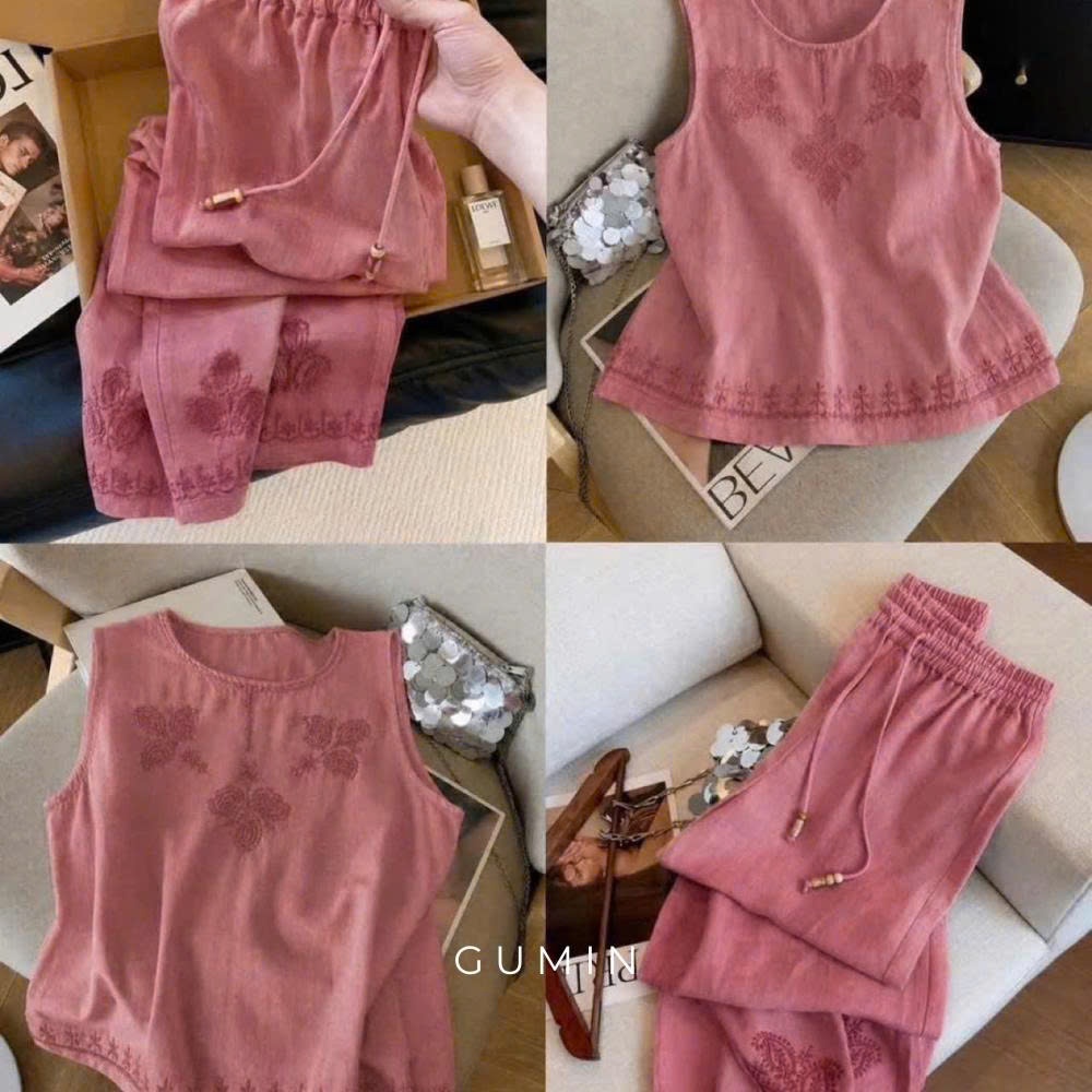 Set bộ đũi hồng thêu hoa GUMIN thiết kế áo sát nách họa tiết thêu sang chảnh, Set đồ nữ vintage thanh lịch