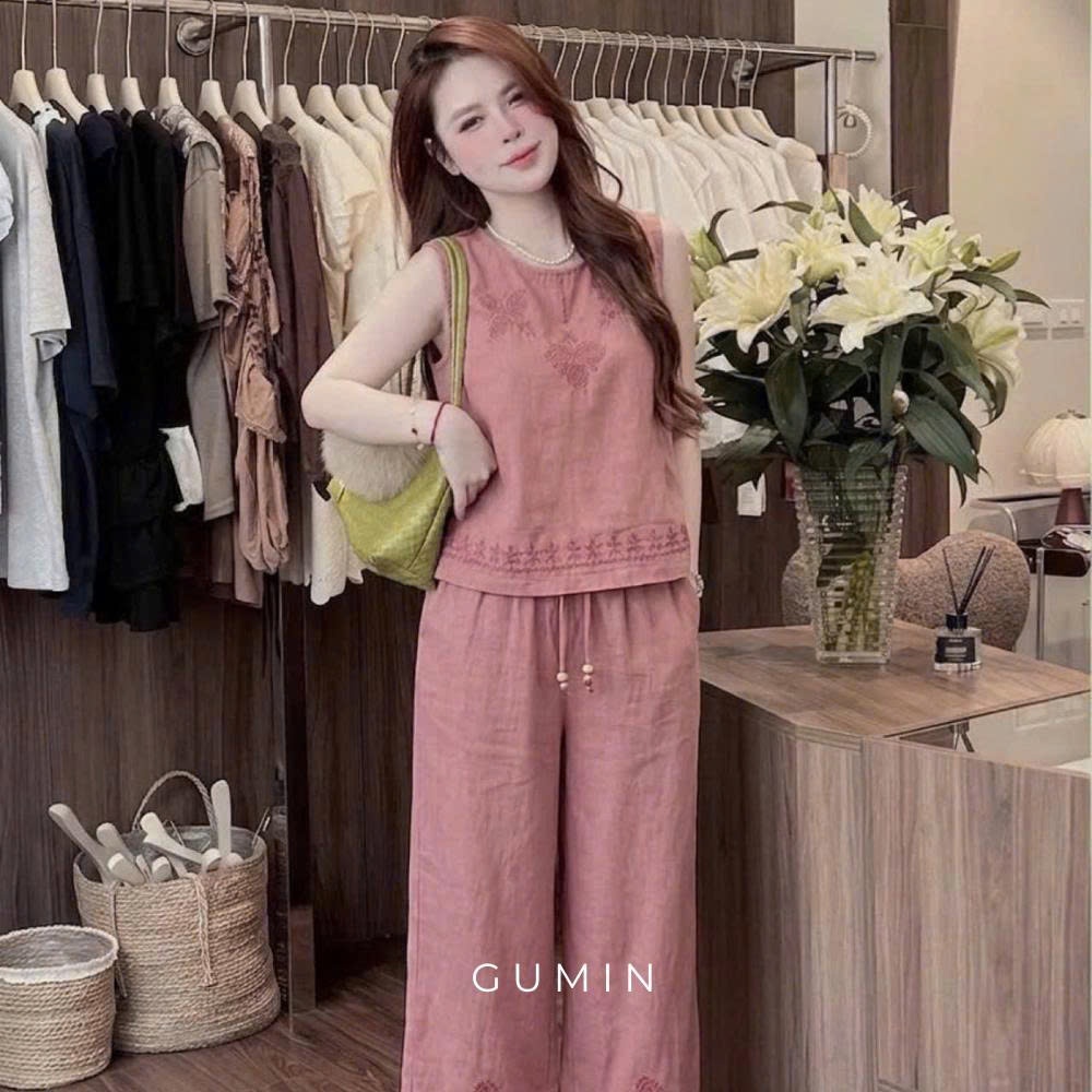 Set bộ đũi hồng thêu hoa GUMIN thiết kế áo sát nách họa tiết thêu sang chảnh, Set đồ nữ vintage thanh lịch