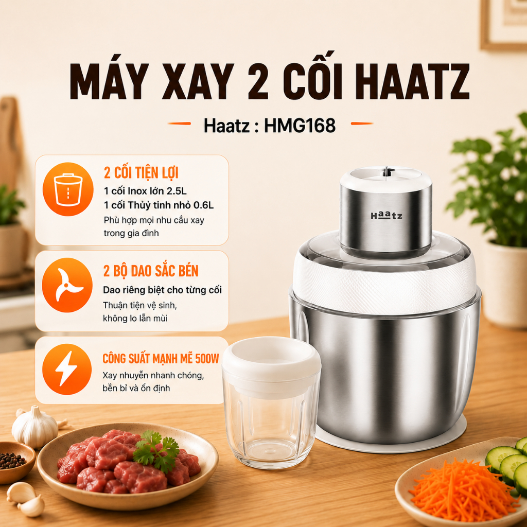 Máy Xay Thịt Đa Năng Haatz HMG168 500W 2 Cối Inox Và Thủy Tinh Xay Nhanh Tặng Bộ Đánh Ruốc