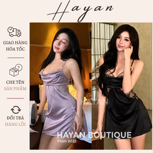 HT215 Váy ngủ sexy 2 dây cổ đổ sang chảnh, đồ ngủ lụa xẻ hông đơn giản quyến rũ HT215