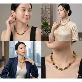 [N1125] Vòng Cổ, Dây Chuyền Mix Ngọc Nhân Tạo Kem Và Đá Mắt Hổ Tự Nhiên, Sang Trọng - DAISYN