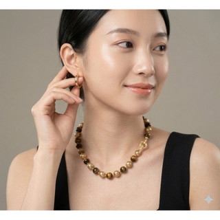 [N1125] Vòng Cổ, Dây Chuyền Mix Ngọc Nhân Tạo Kem Và Đá Mắt Hổ Tự Nhiên, Sang Trọng - DAISYN