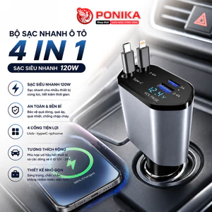 Tẩu Sạc Nhanh Ô Tô 4in1 - 120W PONIKA, Bộ Sạc Xe Hơi USB Type-C Sạc Điện Thoại