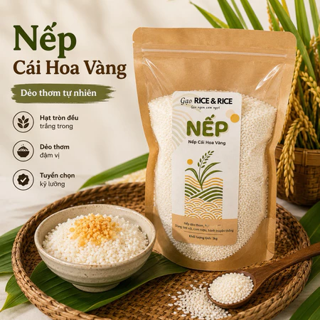 Nếp Cái Hoa Vàng (Nếp Bắc) đặc sản miền Bắc- Dẻo ráo- Dễ nấu (Túi 1kg)