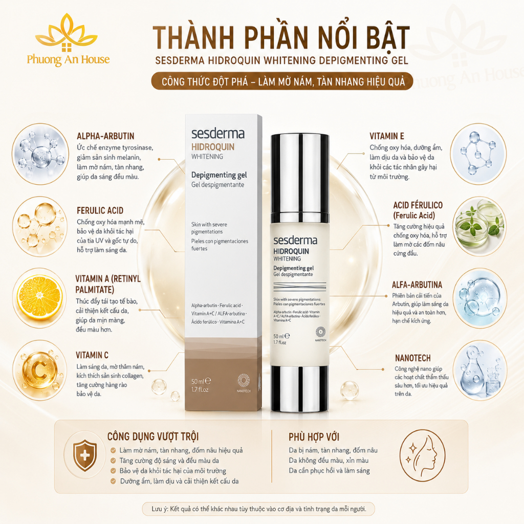 Gel dưỡng trắng da Sesderma Hidroquin Whitening Gel 50ml - Phương An House
