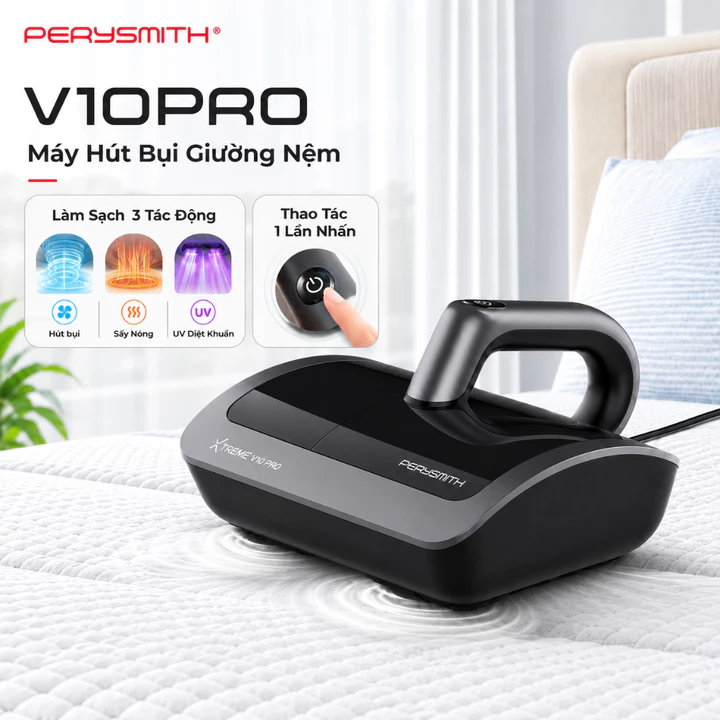 Máy Hút Bụi Giường Nệm Có Dây PerySmith V10Pro, Đệm Xung Kép, Hút Bụi Mịn, Đèn UV, Sấy Nóng