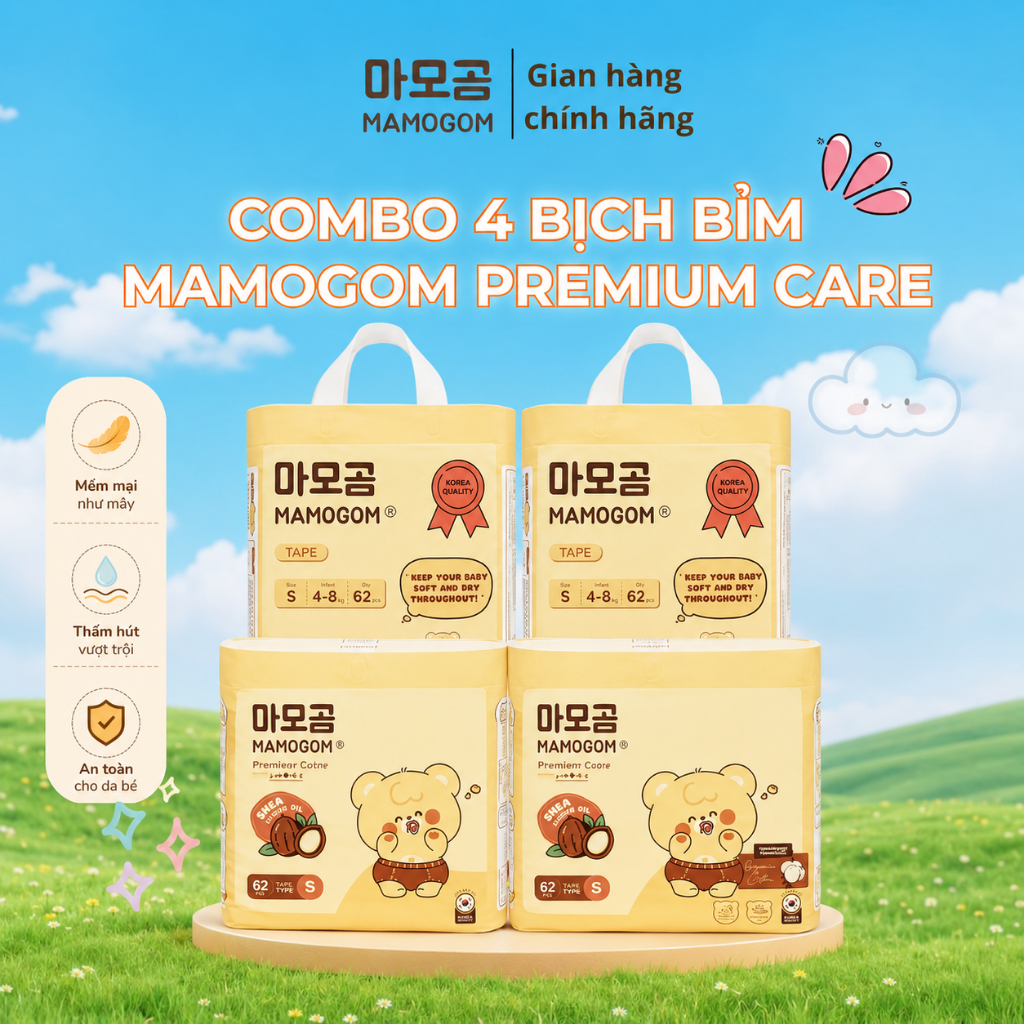 [COMBO 4] Tã Bỉm Mamogom Premium Đủ Size Mỏng Nhẹ Thấm Hút Tốt đến 20kg