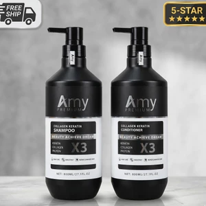 Cặp Dầu Gội Xả Amy Premium Collagen Keratin X3 Phục Hồi Tóc Hư Tổn Siêu Mềm Mượt Chính Hãng 800ml