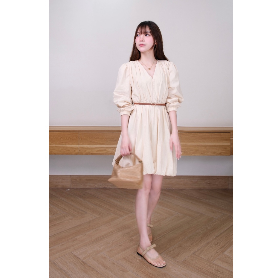 Đầm maxi Chililuu váy bồng xoè dáng ngắn cổ V chiết eo tay dài phong cách tiểu thư thanh lịch