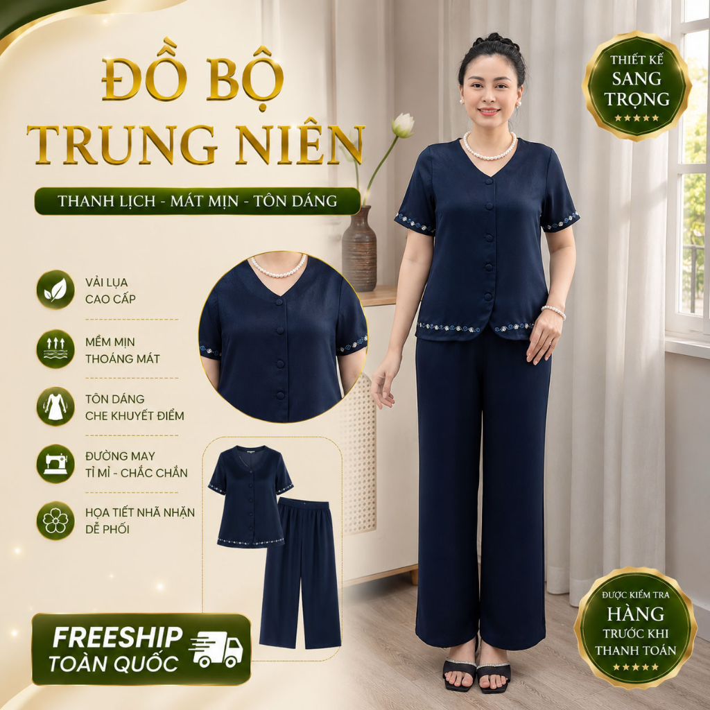Y15 Đồ bộ trung niên cao cấp quần dài chất lụa Ruby mềm,nút cài thật ,phom sang có đủ size