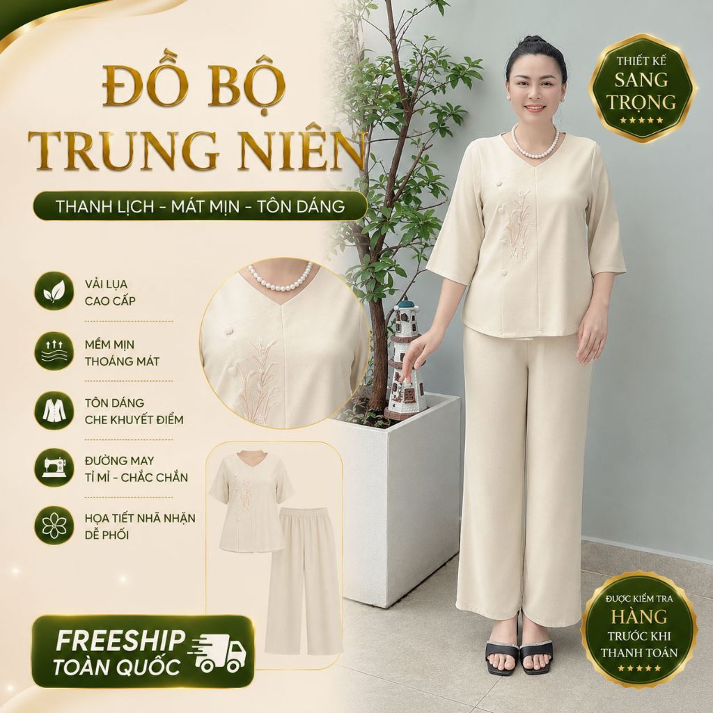 Y52 Đồ bộ trung niên chất tơ mộc cao cấp hoạ tiết thêu, mặc thoải mái ,đủ size