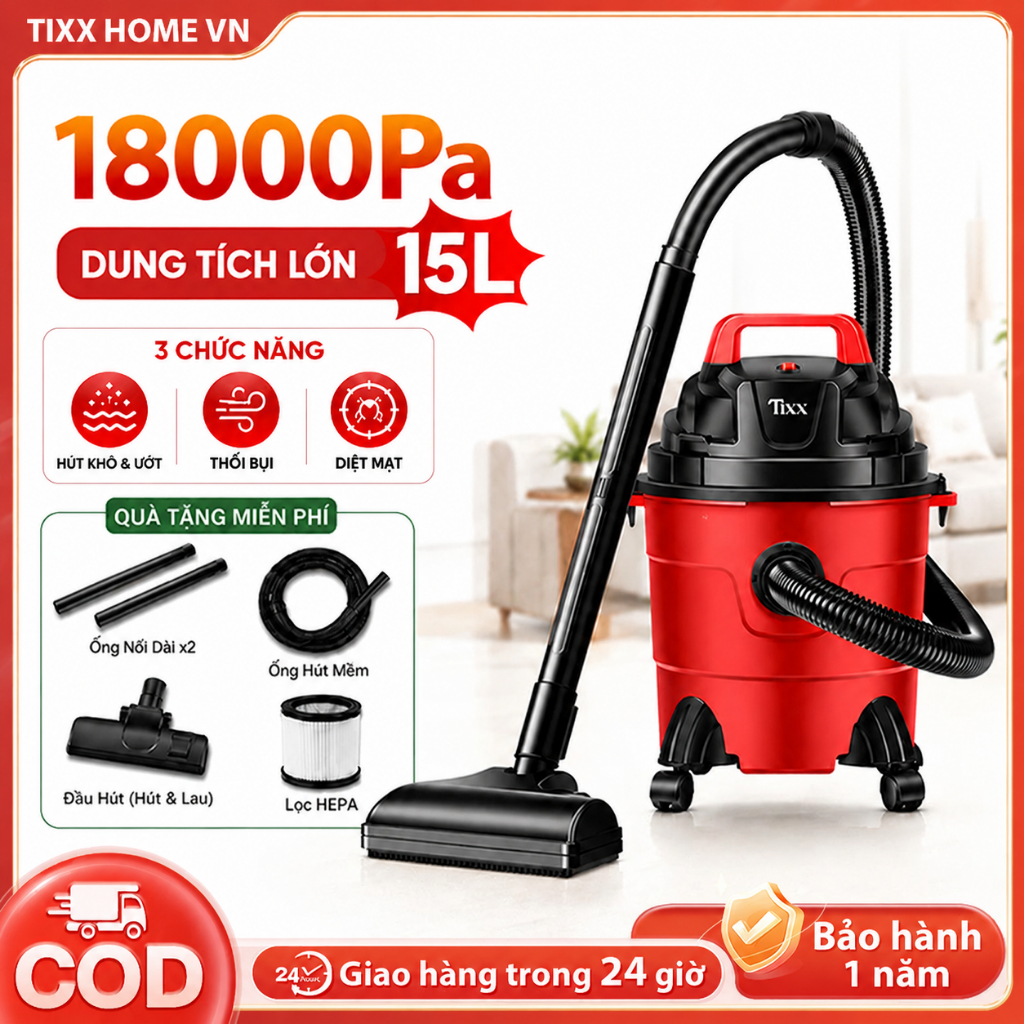 Tixx máy hút bụi 15L Máy hút bụi dùng được cho cả khô và ướt 650W
