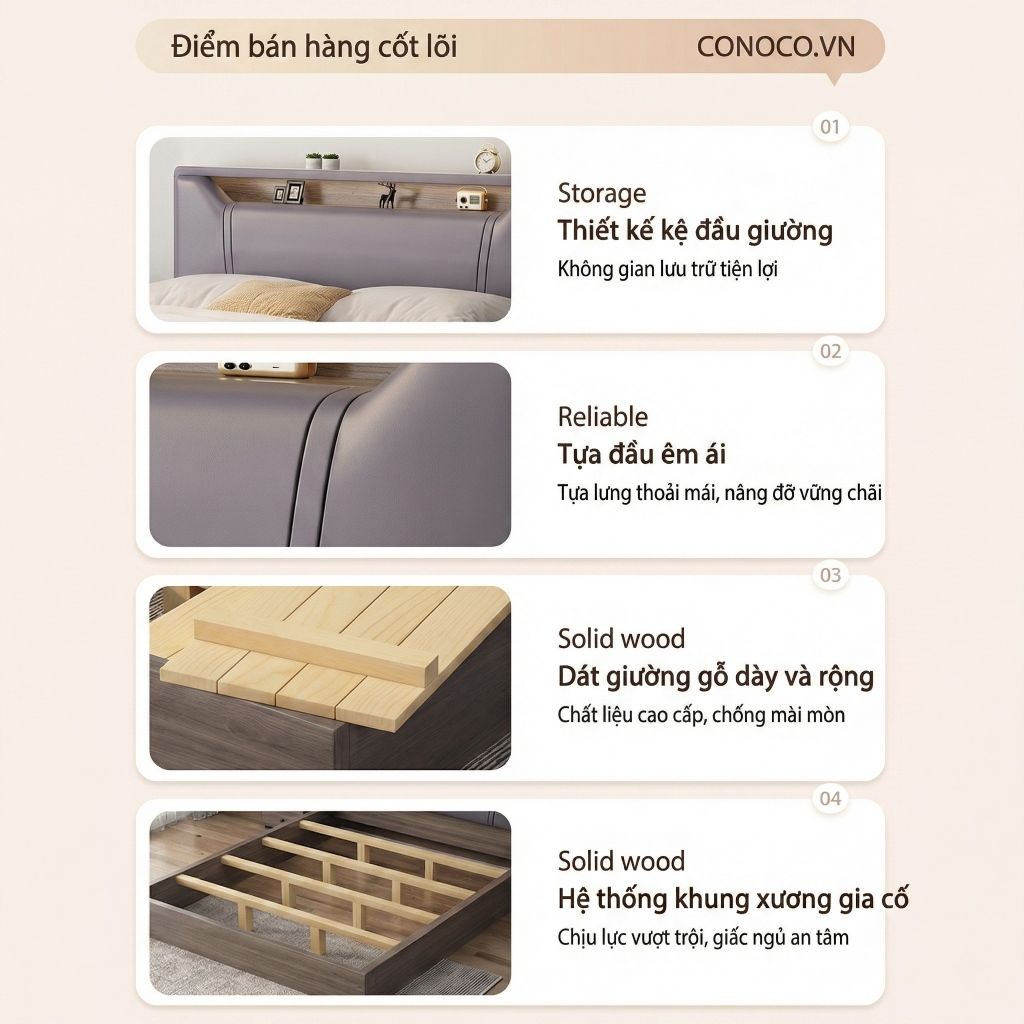 Giường ngủ gỗ hiện đại CONOCO bọc nệm đầu giường khung gỗ chắc chắn 120-180cm