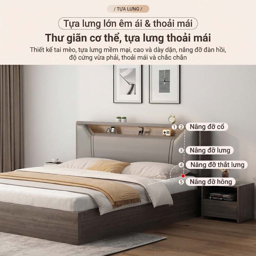 Giường ngủ gỗ hiện đại CONOCO bọc nệm đầu giường khung gỗ chắc chắn 120-180cm