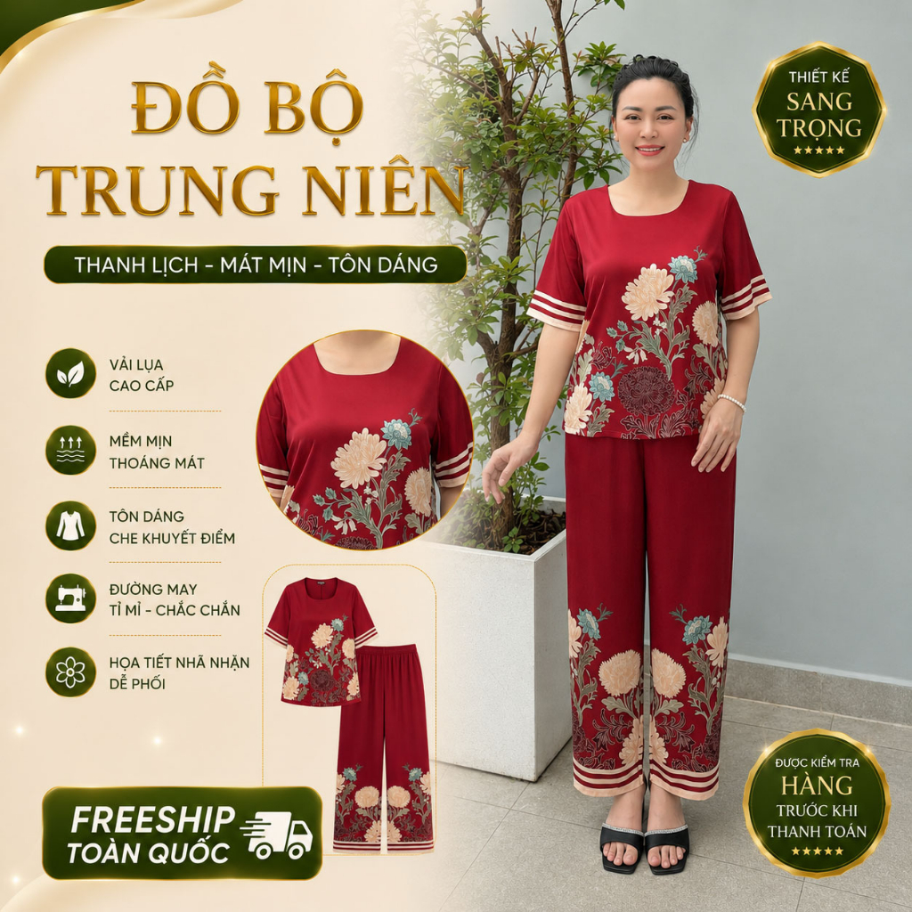Y36 Đồ bộ nữ trung niên ,bộ lụa latin thiết kế cho quý cô sang trọng ,nhiều size họa tiết tinh tế