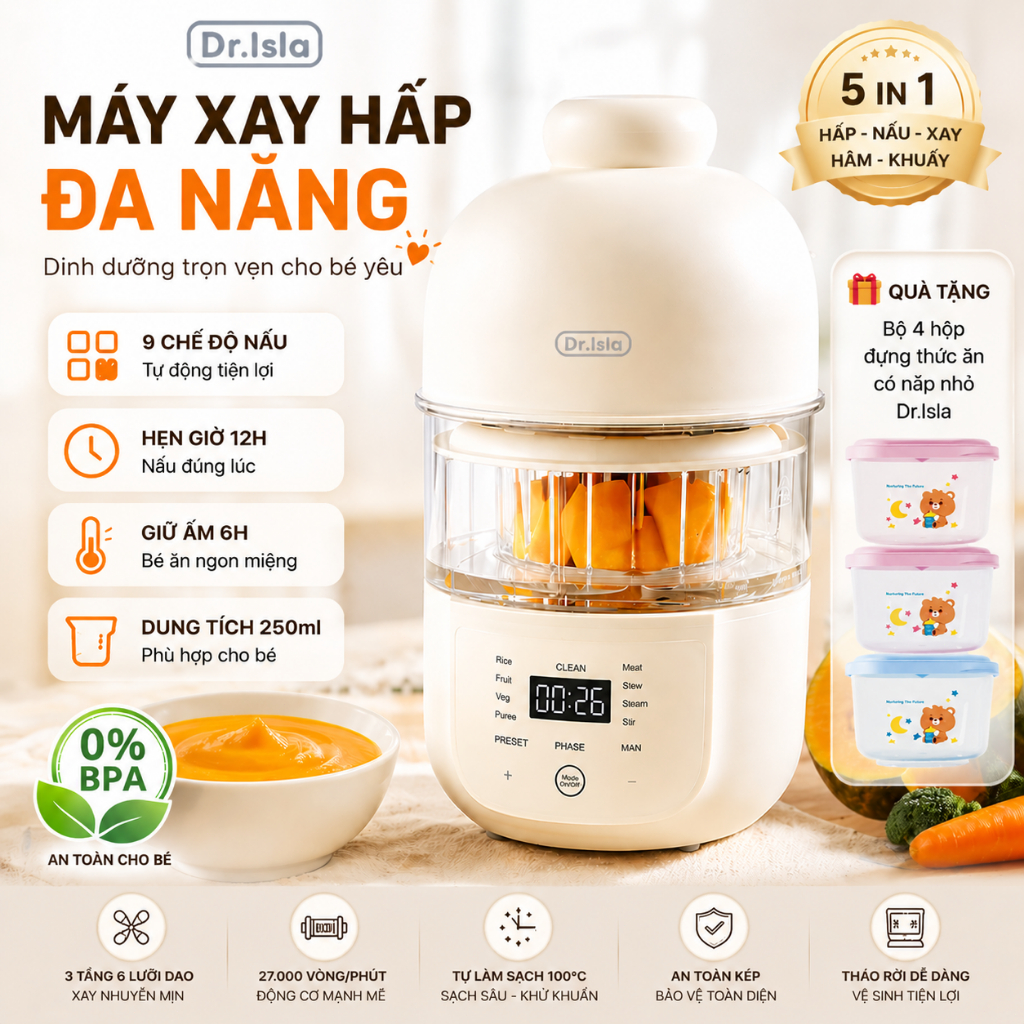 Máy Xay Nấu Thức Ăn Dr.Isla FM02 240ml – 9 Chế Độ, Hấp Nấu & Xay Tự Động, Menu Thông Minh Cho Bé