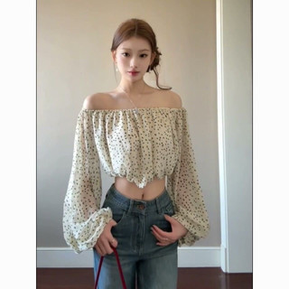 [Luni-oder] Áo Kiểu Nữ Trễ Vai Chấm Bi, Áo Croptop Tay Dài Bo Chun Nữ Tính Đi Chơi Mùa Hè AK13