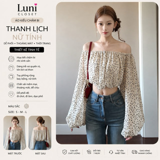 [Luni-oder] Áo Kiểu Nữ Trễ Vai Chấm Bi, Áo Croptop Tay Dài Bo Chun Nữ Tính Đi Chơi Mùa Hè AK13