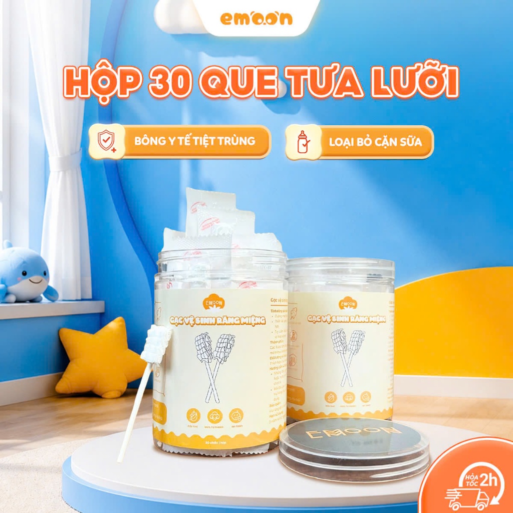 Rơ lưỡi hộp 30 que cho bé Emoon chất liệu bông mềm giúp vệ sinh răng miệng cho bé