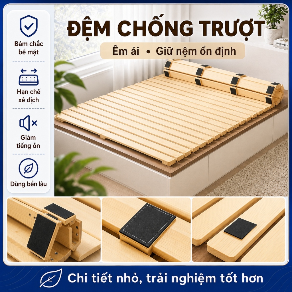 Giường tatami gỗ thông kiểu Nhật giường pallet cuộn gấp gọn bo tròn an toàn miếng chống trượt