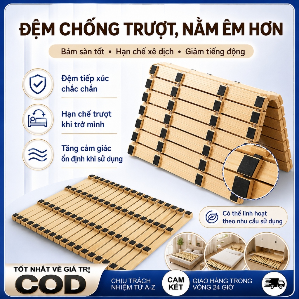 Giường tatami gỗ thông kiểu Nhật giường pallet cuộn gấp gọn bo tròn an toàn miếng chống trượt
