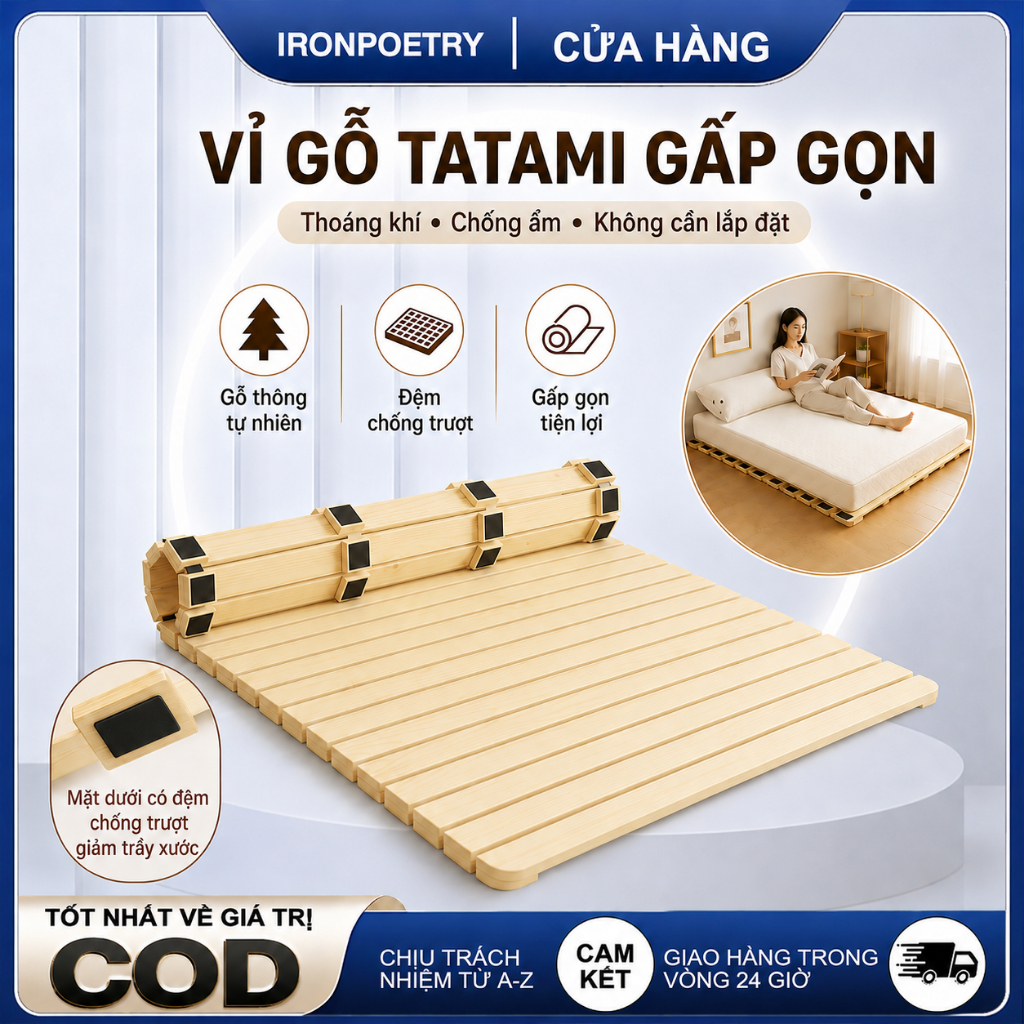 Giường tatami gỗ thông kiểu Nhật giường pallet cuộn gấp gọn bo tròn an toàn miếng chống trượt