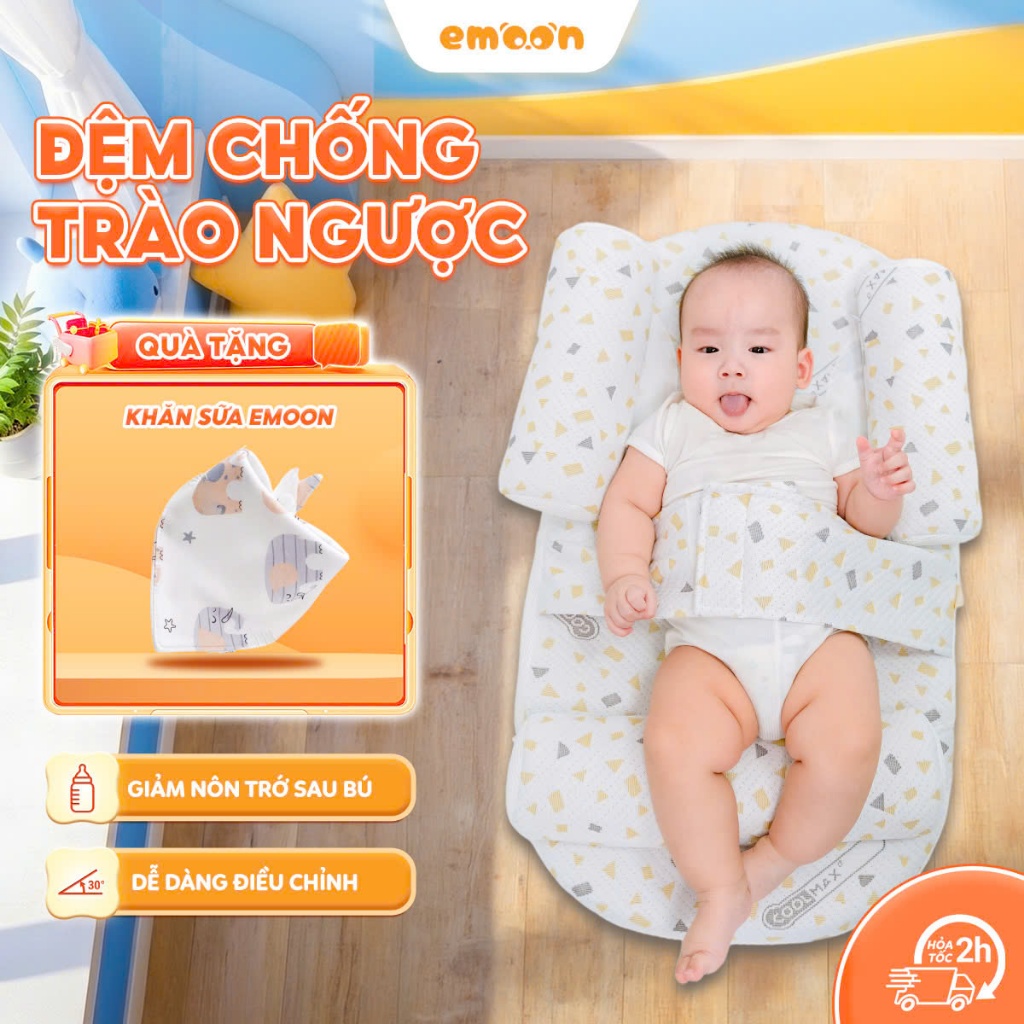 Gối chống trào ngược cho bé Emoon cao cấp, có gối chặn và đai cố định, vải probiotic, dễ vệ sinh