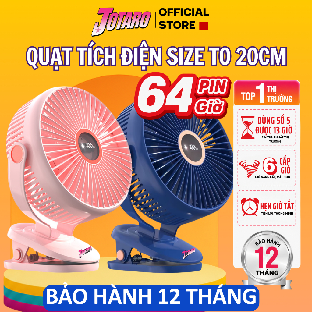 Quạt Tích Điện Kẹp LOẠI TO JOTARO J28 Pin Siêu Trâu 60Giờ, Hiện thị %pin, Dung Lượng Pin lớn, Lồng quạt 20cm