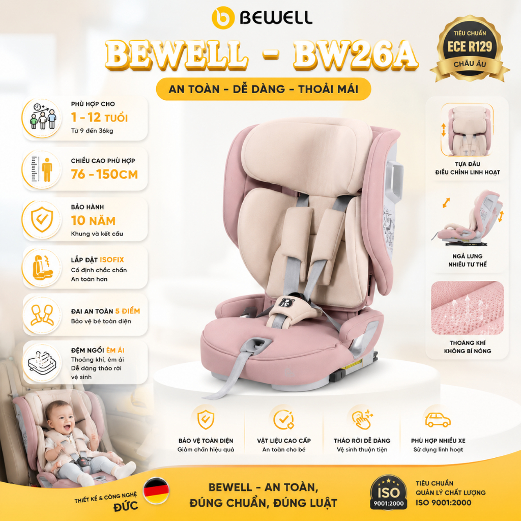 Ghế Ngồi Ô Tô Cho Bé BEWELL BW26A ISOFIX – Chuẩn ECE R129 Châu Âu, Cho Bé 1-12 Tuổi (9-36kg)