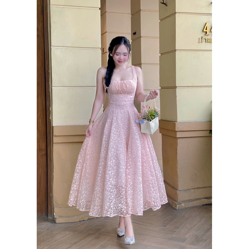 Đầm Dự Tiệc Chất Ren Hoa Nhũ Thời Trang Nữ LASY D1168 Dáng Dài Xoè 2 Dây Chun Lưng Nữ Tính