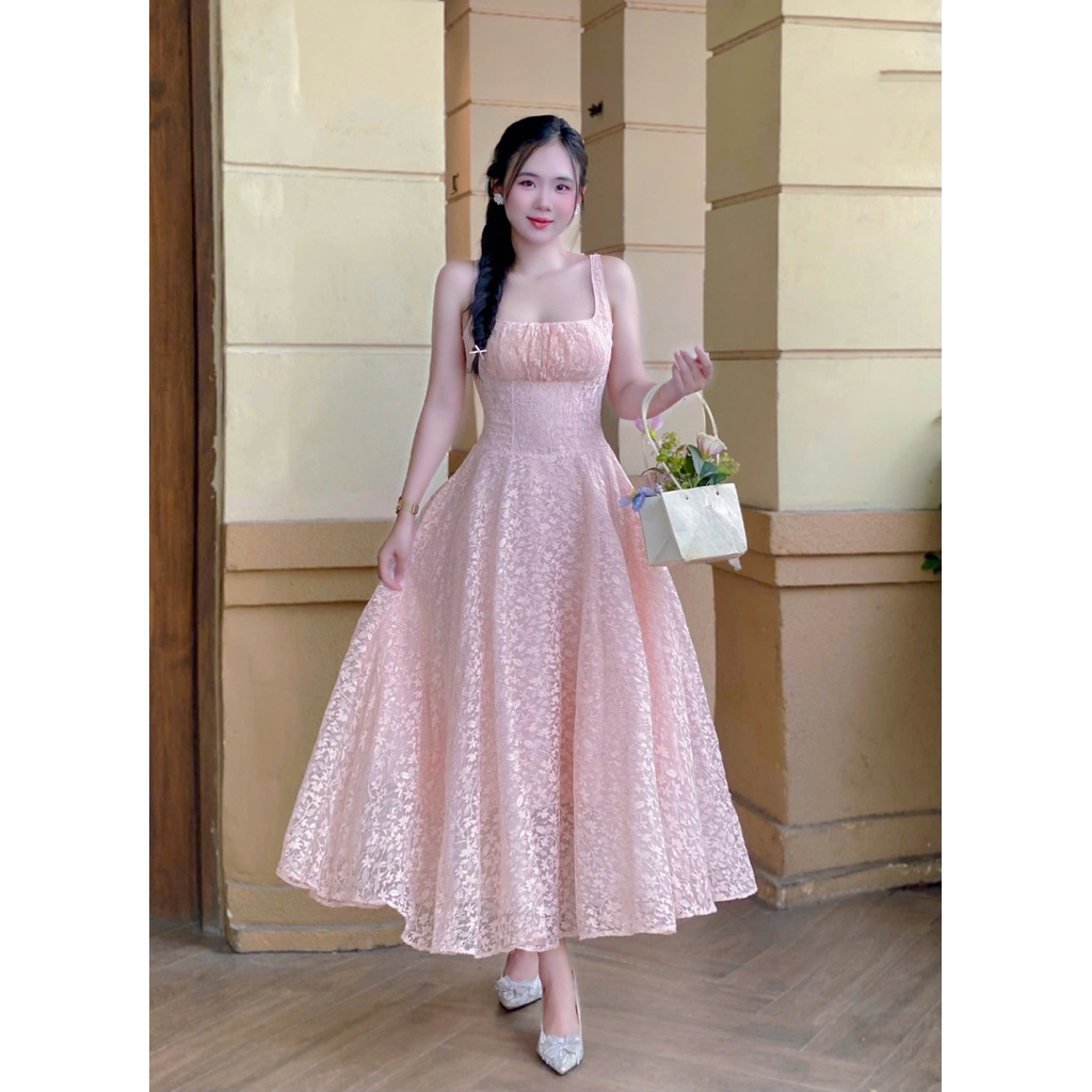 Đầm Dự Tiệc Chất Ren Hoa Nhũ Thời Trang Nữ LASY D1168 Dáng Dài Xoè 2 Dây Chun Lưng Nữ Tính