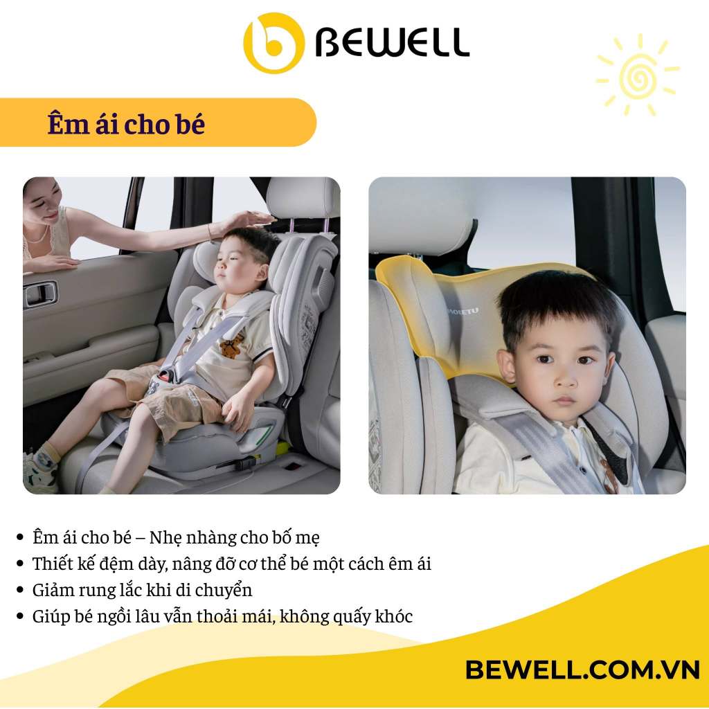 Ghế Ngồi Ô Tô Cho Bé BEWELL BW26A ISOFIX – Chuẩn ECE R129 Châu Âu, Cho Bé 1-12 Tuổi (9-36kg)