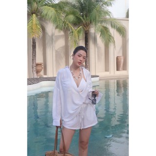 Set đồ nữ đẹp gồm Áo sơ mi cổ V, áo bra mix quần sooc đũi vải đũi tơ Nhật mềm mát -Set đồ đi biển - Lazcy