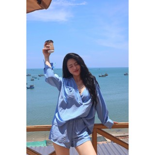 Set đồ nữ đẹp gồm Áo sơ mi cổ V, áo bra mix quần sooc đũi vải đũi tơ Nhật mềm mát -Set đồ đi biển - Lazcy