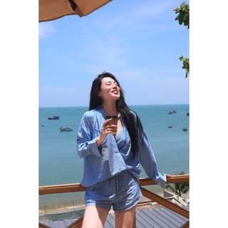 Set đồ nữ đẹp gồm Áo sơ mi cổ V, áo bra mix quần sooc đũi vải đũi tơ Nhật mềm mát -Set đồ đi biển - Lazcy
