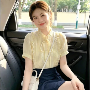 Áo sơ mi nữ cổ bèo xếp ly dây nơ cổ A2646 Kymie