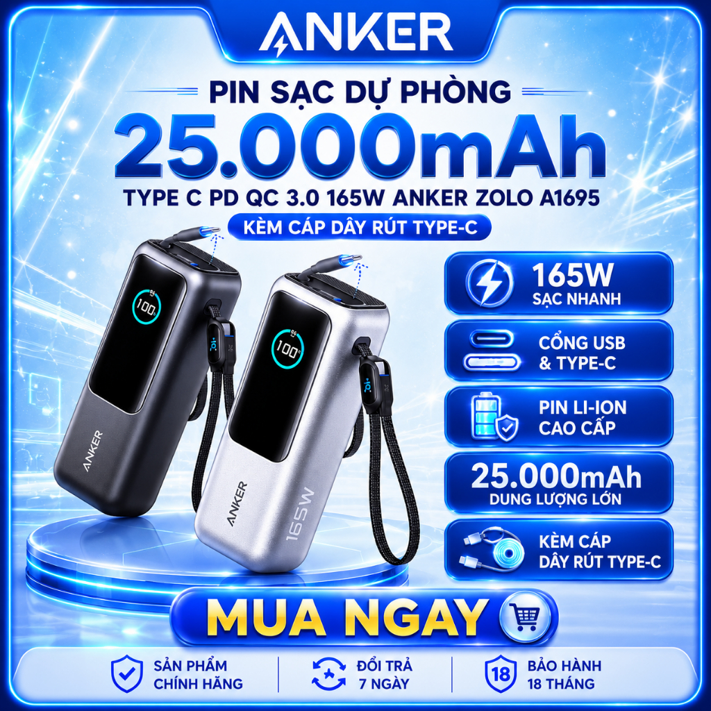 Pin sạc dự phòng 25000mAh Type C PD QC 3.0 165W Anker Zolo A1695 kèm cáp dây rút Type C