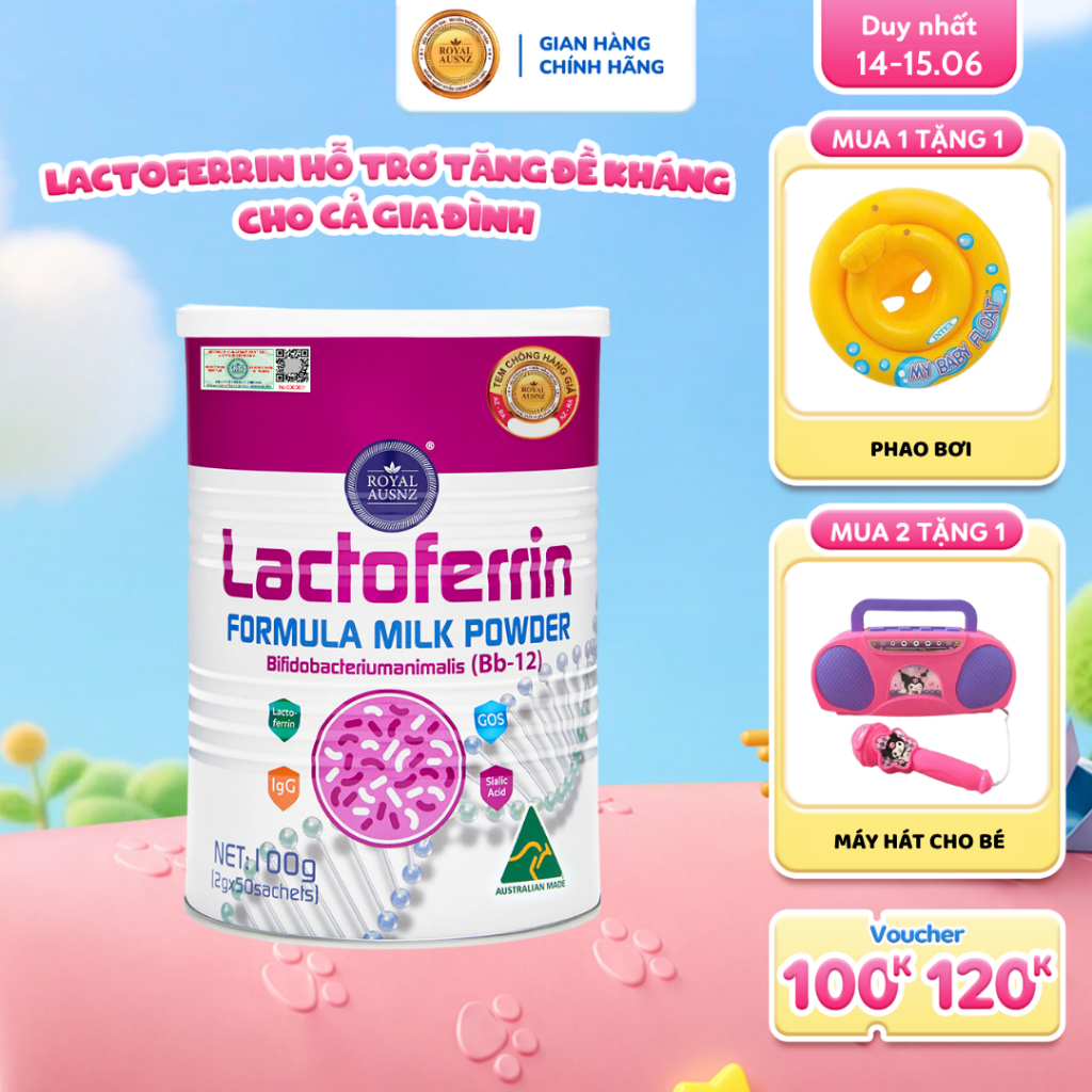 Lactoferrin Formula Milk BB-12 ROYAL AUSNZ Lactoferrin Hồng, Hỗ Trợ Tăng Cường Đề Kháng, Hệ Miễn Dịch Cho Trẻ 100g