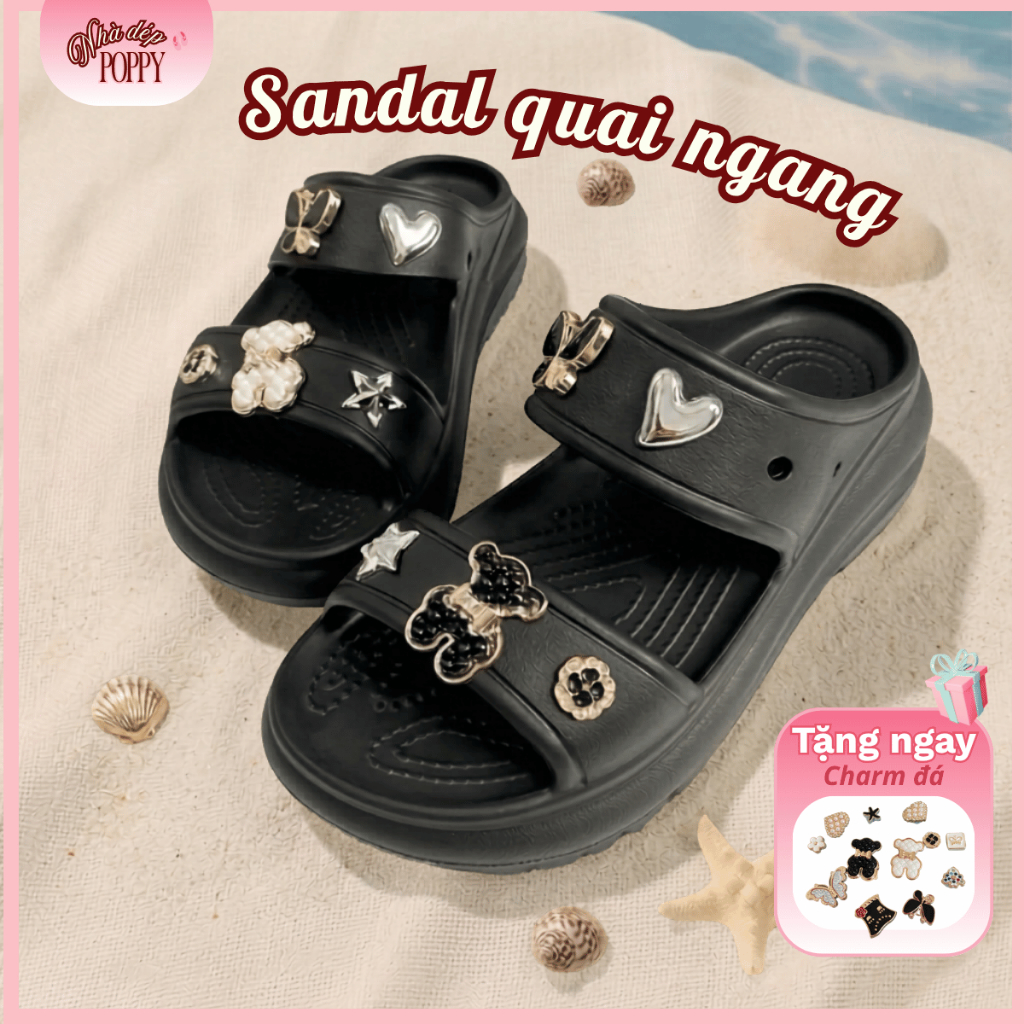 Dép Bánh Mì Nữ 2 Quai Ngang Đế Cao 6cm Gắn Charm Đá Sang Chảnh, Dép Sandal Đi Biển Chống Trượt 2026