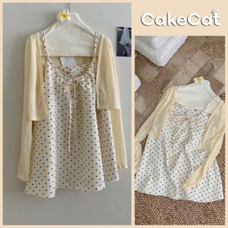 Set Áo Váy 2 Dây Chấm Bi Kèm Áo Khoác Cardigan Mỏng Polka Set Nàng Thơ Mặc Đi Chơi - Cakecat