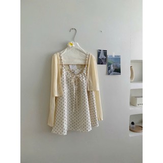 Set Áo Váy 2 Dây Chấm Bi Kèm Áo Khoác Cardigan Mỏng Polka Set Nàng Thơ Mặc Đi Chơi - Cakecat