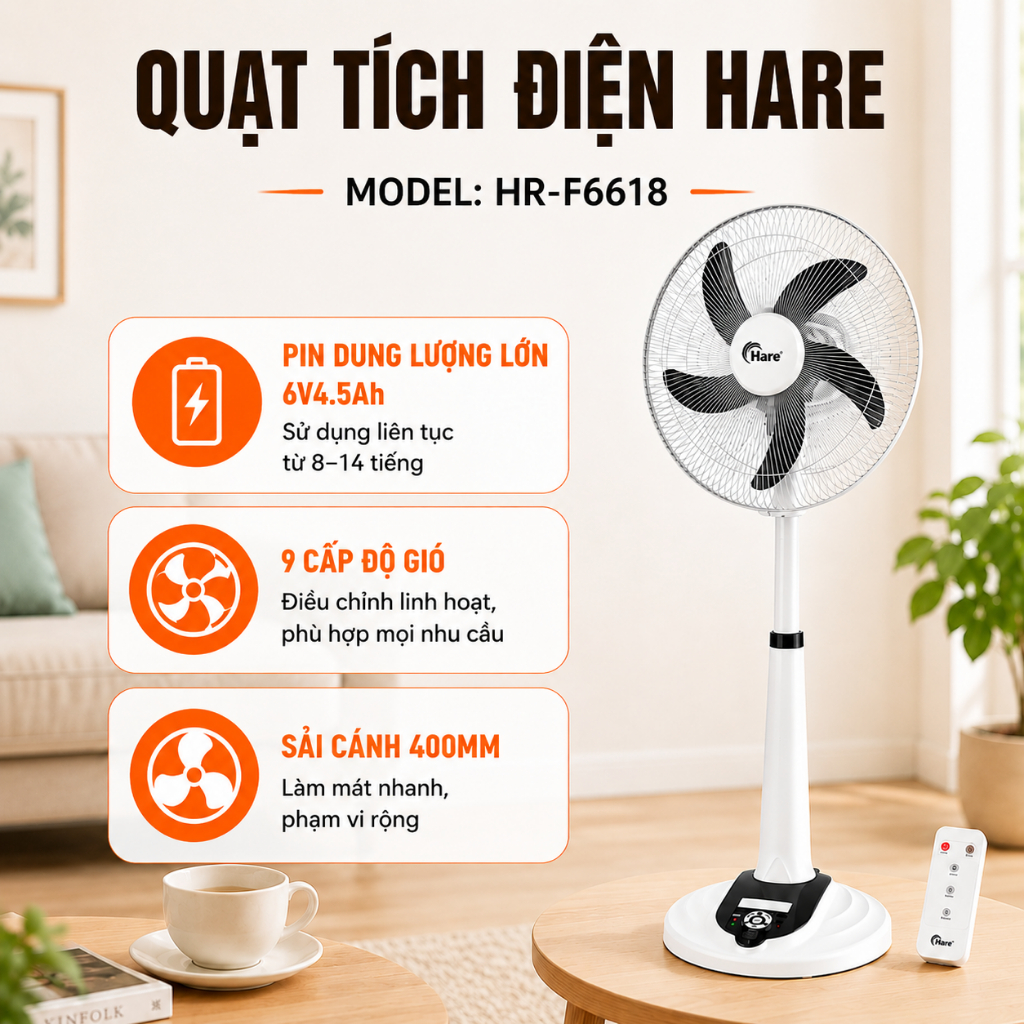 Quạt Tích Điện Hare HR-F6618 Sải Cánh 400mm 9 Cấp Độ Gió Pin 6V4.5Ah Điều Khiển Từ Xa