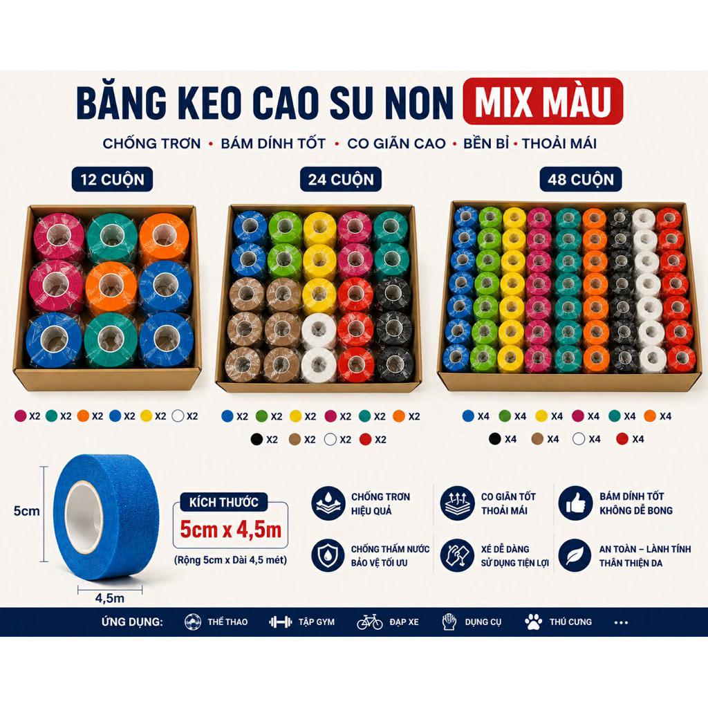 Combo băng keo cao su non 12,24 cuộn, bản 5cmx4.5m giảm chấn thương khi chơi thể thao