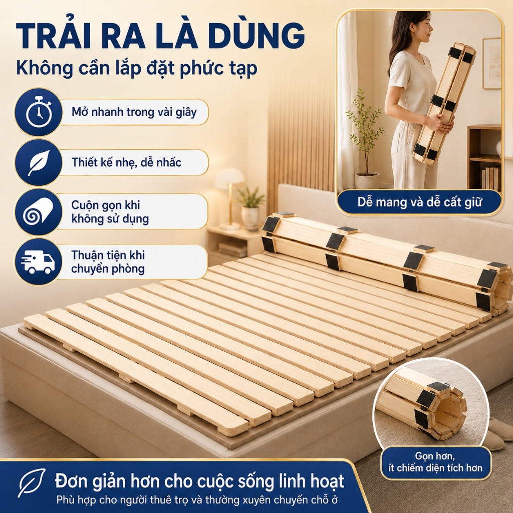 Giường tatami gỗ thông kiểu Nhật giường pallet cuộn gấp gọn bo tròn an toàn miếng chống trượt